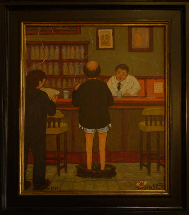 cuadro que representa a un hombre en una barra con los pantalones bajados